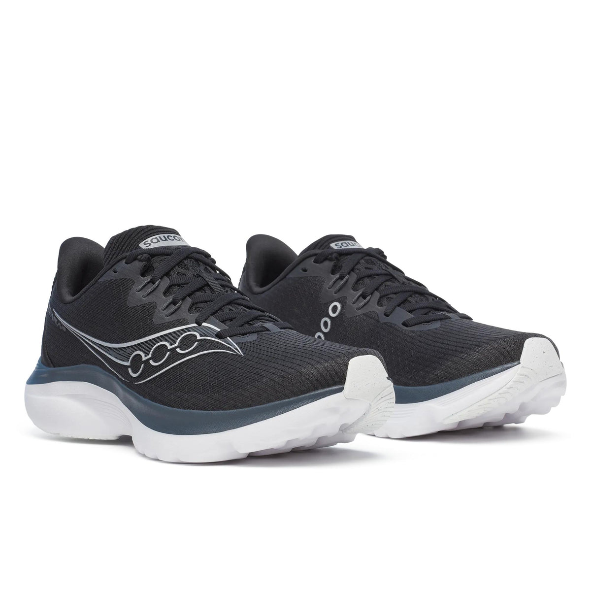 Women's Saucony Kinvara 16 Black White - pair, three quarter angle