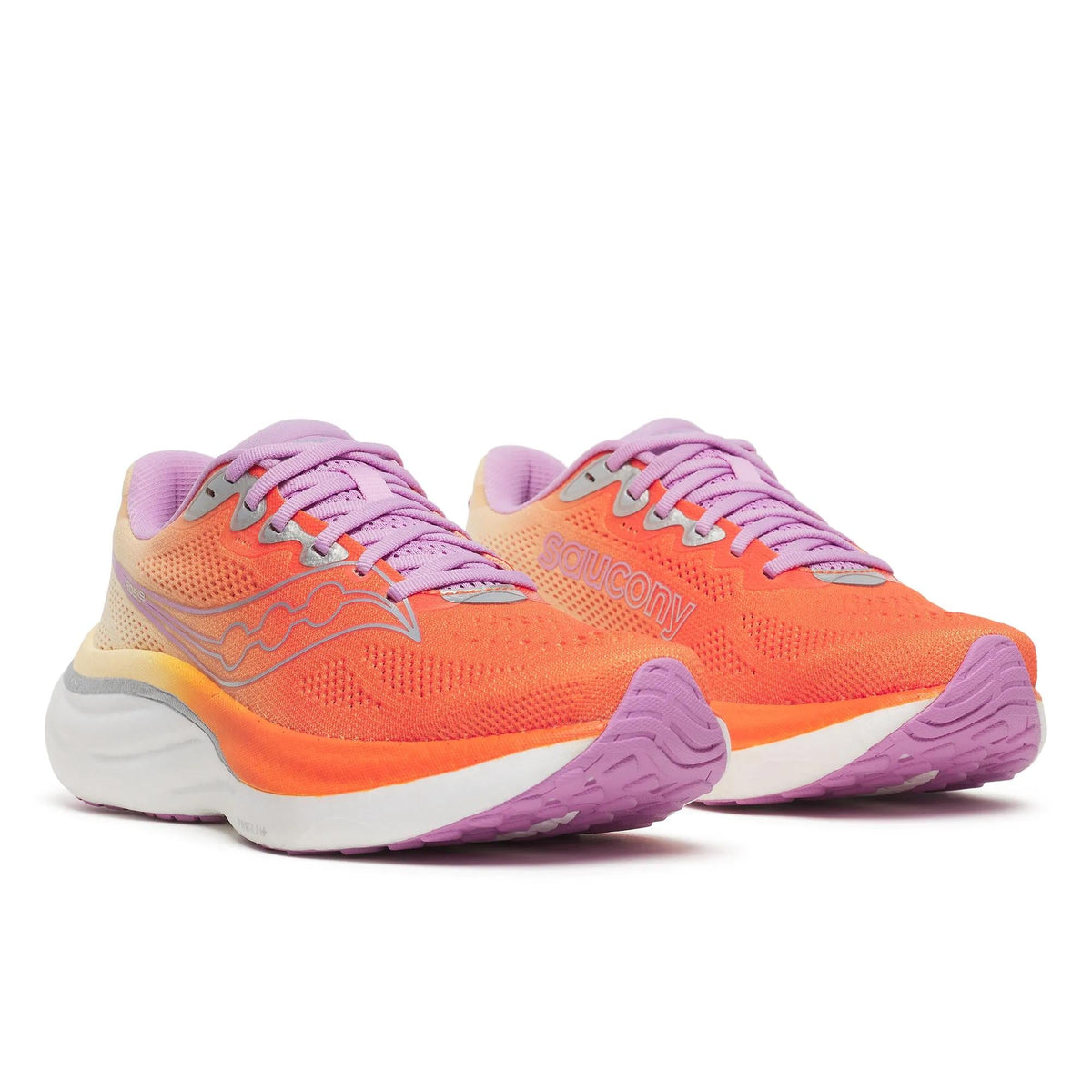 Women's Saucony Ride 19 Fire Orchid - pair, three quarter angle