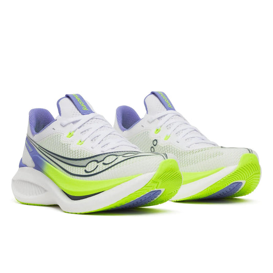Women's Saucony Endorphin Pro 5 White | Iolite - pair, three quarter angle